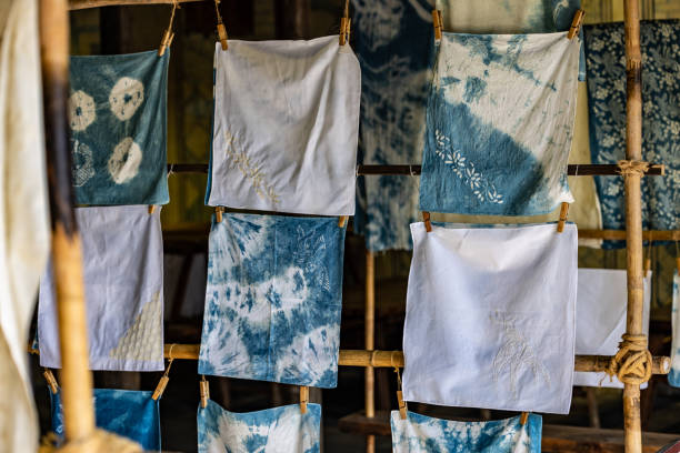 Drying dyed cloth in a dye house stock photo