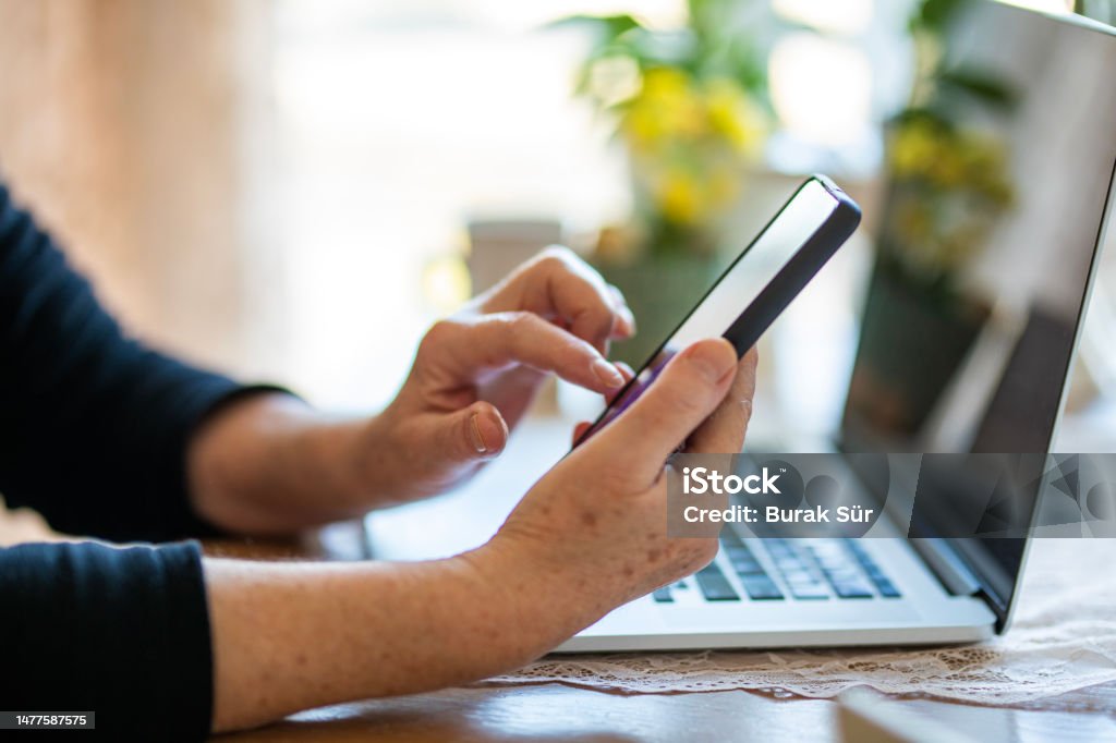 Internet Banking, Social Media and Agenda Follower, Elderly Woman's Hands, Senior Woman Working at Home Mobile Phone Stock Photo
