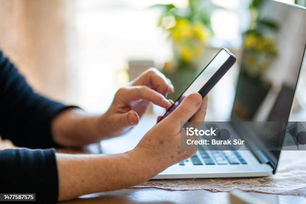 Internet Banking Social Media And Agenda Follower Elderly Womans Hands Senior Woman Working At Home Stock Photo - Download Image Now