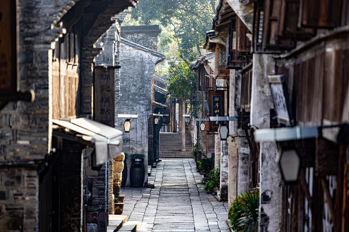 Wuzhen, China - Jan 11, 2023: Street view of the ancient Chinese village Wuzhen in the morning.