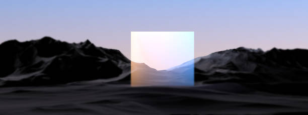 istock Neon screen,panel glowing among mountains in blur.Futuristic abstract landscape. 3D render. 1477589829
