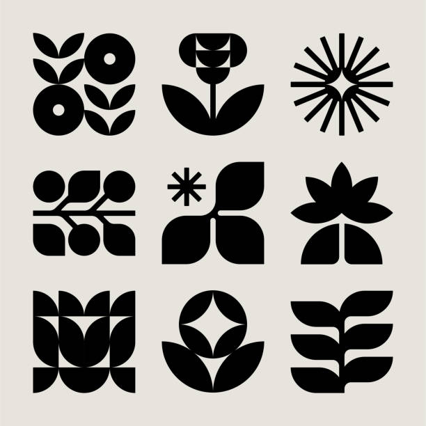 ilustrações de stock, clip art, desenhos animados e ícones de mid-century modern botanical icons - flower head illustrations