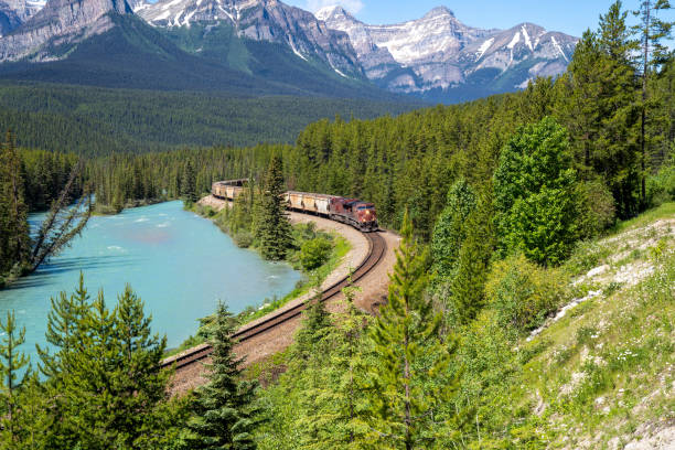 istock Freight train going through Morants Curve on a sunny summer day in Banff National Park Canada 1477592018