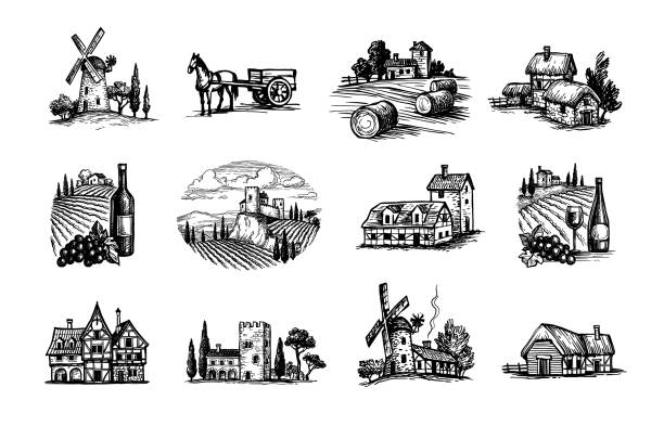 Village scenery ink sketches. Village scenery. Mills, fields and vineyards. Hand drawn ink sketches. Vintage style. wine italian culture wine bottle bottle stock illustrations
