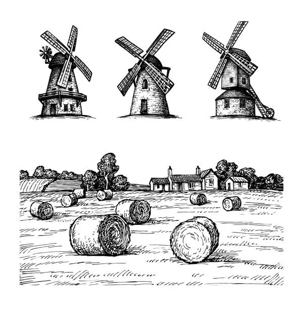 Vector illustration of Haystack field and mills sketches.