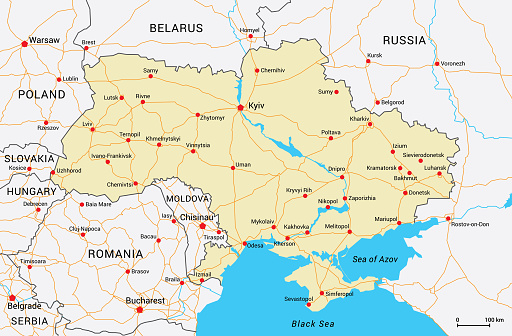 Ukraine and neighbours on vector map with cities and main roads. Editable map layers.