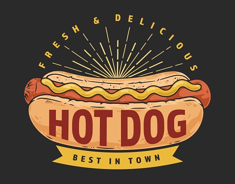 Hot dog vintage colorful label for menu of roadside diner or American-style cafe with fast food menu vector illustration