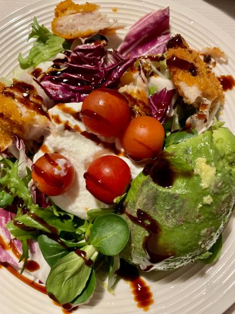 istock High protein salad with avocado, protein yogurt, cherry tomatoes, chicken meat pieces and dressing served on a white plate stock photo 1477598939