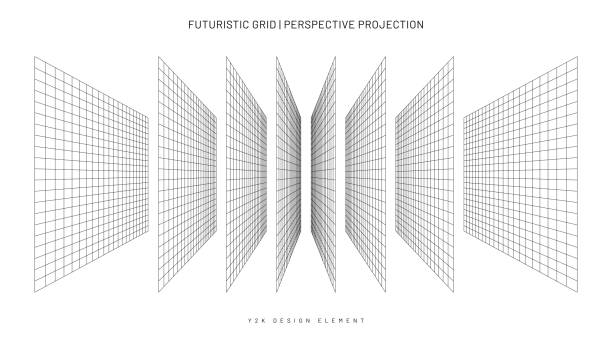 ilustrações de stock, clip art, desenhos animados e ícones de retro grid in perspective projection, y2k style design elements collection. geometric grid and mesh in futuristic and retro style - perspetiva diminutiva