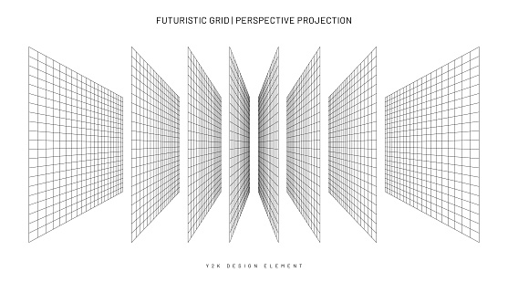 Retro grid in perspective projection, Y2K style design elements collection. Geometric grid and mesh in futuristic and retro style. Vector