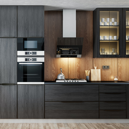Modern and minimalist apartment interior kitchen. Kitchen with dark wooden cabinets. Natural oak texture material. Modern furniture. 3d renderings.