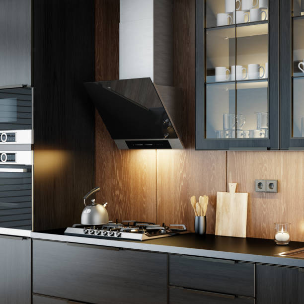 istock Modern minimalist retro style kitchen with dark materials. Oak dark wood. 1477604757