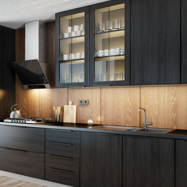 istock Modern minimalist retro style kitchen with dark materials. Oak dark wood. 1477604760