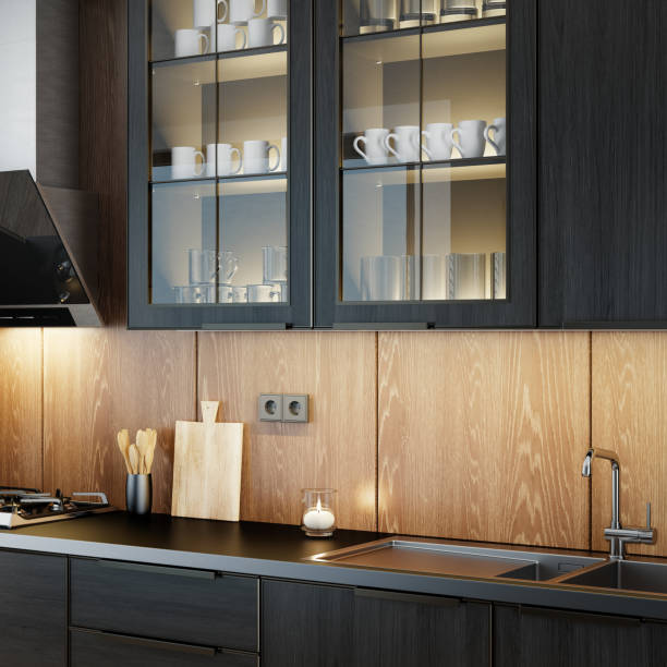 istock Modern minimalist retro style kitchen with dark materials. Oak dark wood. 1477604765