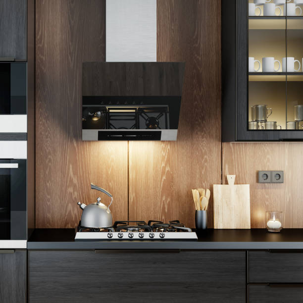 istock Modern minimalist retro style kitchen with dark materials. Oak dark wood. 1477604773