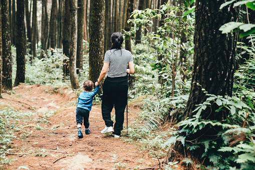 mother and curious toddler son hiking in woods