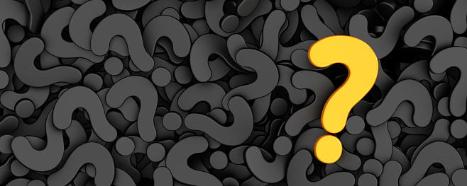 Very special question. Yellow question mark in black background. Concept for confusion, question or solution. 3d illustration