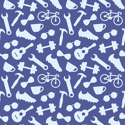 Father's Day seamless pattern with bow tie, eyeglasses, screwdriver, wrench, bike, guitar, coffee cup, soccer shoe, dumbbell, icons- vector illustration