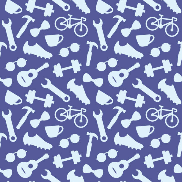 Father's Day seamless pattern with bow tie, eyeglasses, screwdriver, wrench, bike, guitar, coffee cup, soccer shoe, dumbbell, icons Father's Day seamless pattern with bow tie, eyeglasses, screwdriver, wrench, bike, guitar, coffee cup, soccer shoe, dumbbell, icons- vector illustration masculinity stock illustrations