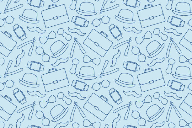 illustrazioni stock, clip art, cartoni animati e icone di tendenza di motivo senza cuciture per la festa del papà con cappello, orologio, papillon, valigetta, occhiali, pennello da barba, icone di rasoio - festa del papà