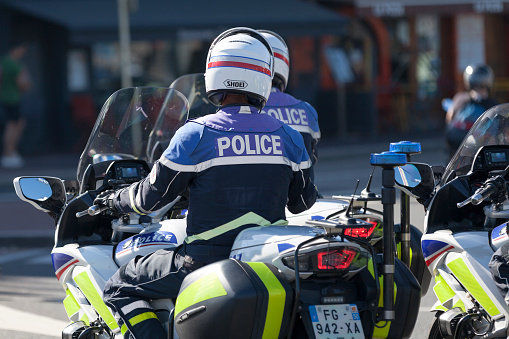 Cherbourg-en-Cotentin, France - August 06 2020: National police bikers on patrol.