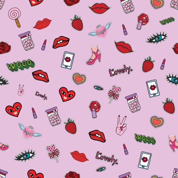 seamless pattern with patches, stickers, badges, Seamless pattern with patches, stickers, badges, mobile phone pins, heart shaped sunglasses, lips, lollipops, words, hearts, floppy disks, mixtapes in 80s-90s comic style. mix tape heart stock illustrations