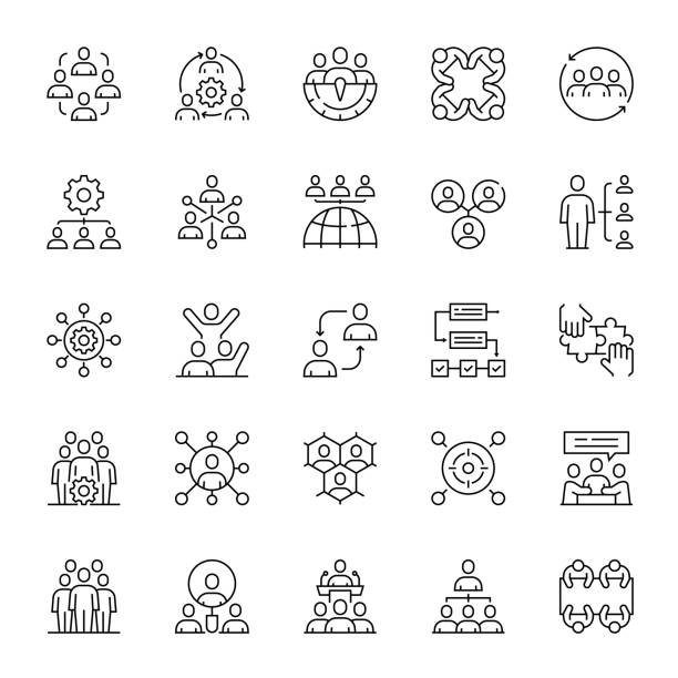 ilustraciones, imágenes clip art, dibujos animados e iconos de stock de conjunto de iconos de línea de la estructura organizativa - flowchart symbol computer icon icon set