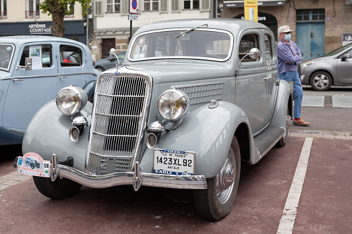 Morlaix, France - May 22 2022: Grey Ford V8 1935 model V8-48 3620cc.