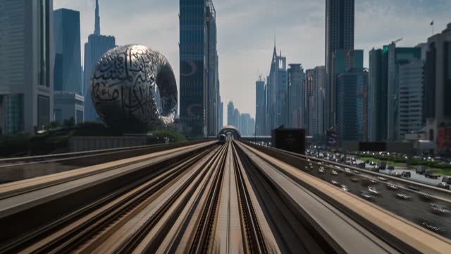 Motion Timelapse View of Journey on the Modern Dubai Metro System Running Alongside Sheikh Zayed Road in Dubai, United Arab Emirates (UAE)