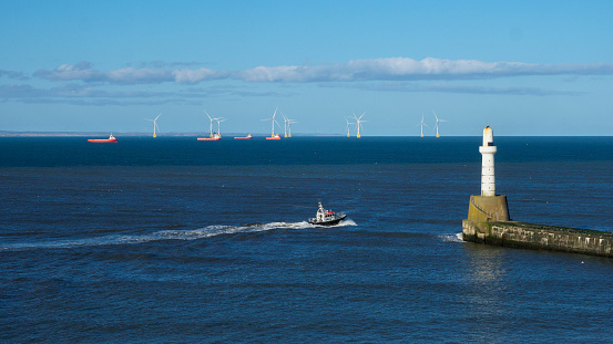 Part of the offshore wind farm in Aberdeen bay, Scotland, viewed from Torrey Battery