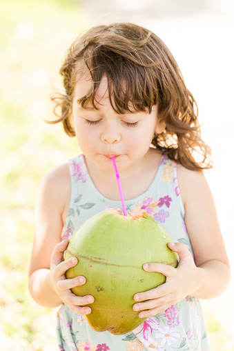 A 4-Year-Old Toddler Girl Enjoying the Simple Pleasures of Time with Family & Experiencing for the First time the Taste of Freshly Harvested Coconuts, Drinking Coconut Water with a Pink Straw Outdoors on a Warm South Florida Day in the Spring of 2023