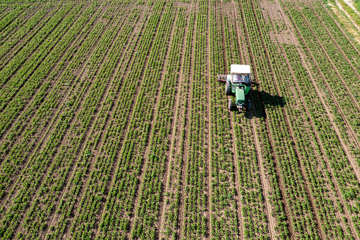 Aerial view of a green tractor working in the field.