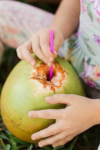 A 4-Year-Old Toddler Girl Enjoying the Simple Pleasures of Time with Family & Experiencing for the First time the Taste of Freshly Harvested Coconuts, Drinking Coconut Water with a Pink Straw Outdoors on a Warm South Florida Day in the Spring of 2023