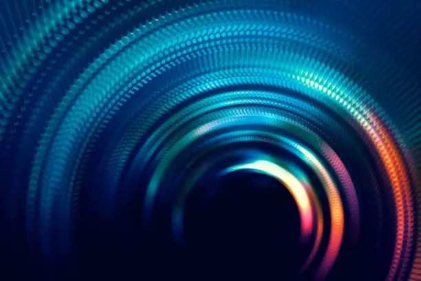 Photo of Tunnel LED Light Fiber Optic Spotted Circle Ombre Neon Futuristic Abstract Fluorescent Swirl Spiral Pattern Technology Colorful Blue Teal Purple Red Rippled Black Background Time Reflection Night  Vitality Gradient Holographic Surreal Iridescent Texture