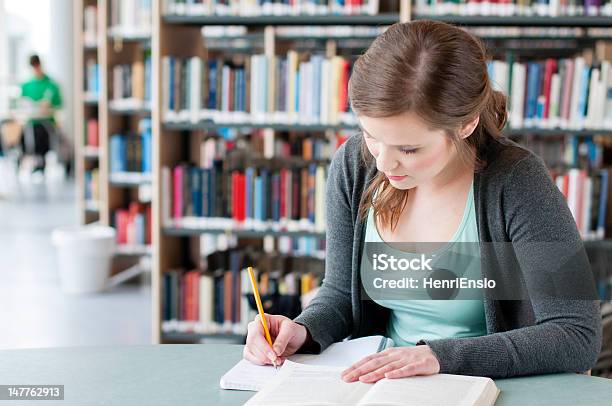 A Female Student Doing Her School Assignment In The Library Stock Photo - Download Image Now