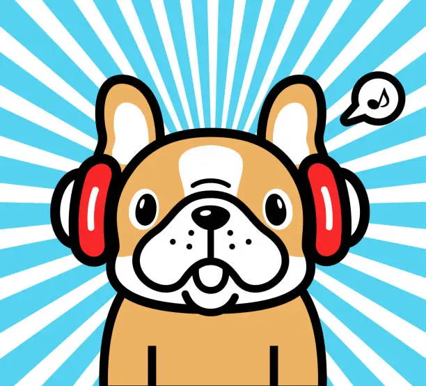 Vector illustration of Cute character design of a French bulldog wearing headphones