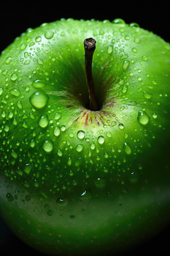 Close-up image of a fresh, green organic apple with glistening water drops showcasing its natural appeal and freshness.