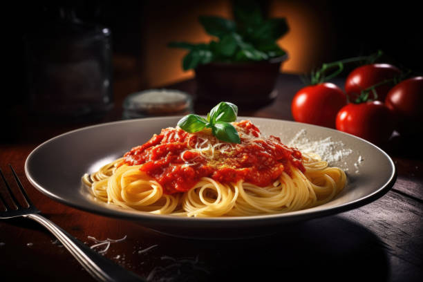 Delicious Pasta on Restaurant Table stock photo