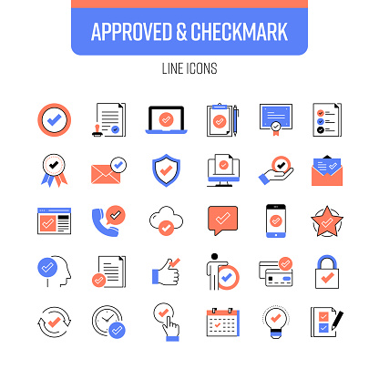 Checkmark and Approved Line Icon Set. Compliance, Verification, Choosing, Certified