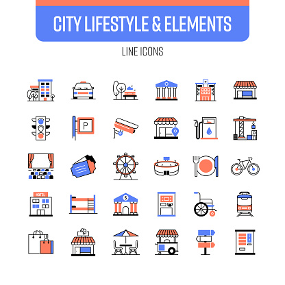 City Elements Line Icon Set. City Life, Park, Museum, Hospital, Cinema, Subway