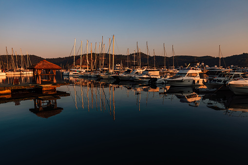 Fethie, Turkey: Turkish landscape with yachts in Turkey, traveling concept photography. Mediterranean Sea in summer.