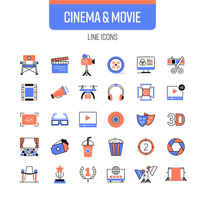 Cinema and Movie Line Icon Set. Film, Director, Entertainment, Ticket