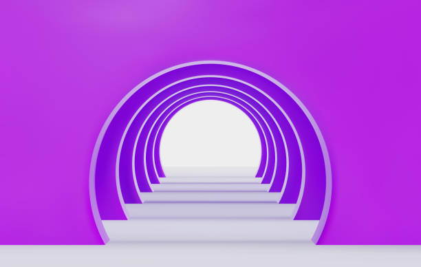 istock Purple 3d empty corridor of several round arches in perspective with shadows 1477640578