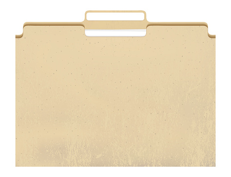 Manila folder with cut tab and papers isolated on white. Paper case archive for document and reports. Craft paper with grainy texture. Beige blank kraft cardboard. Recycled package vector illustration