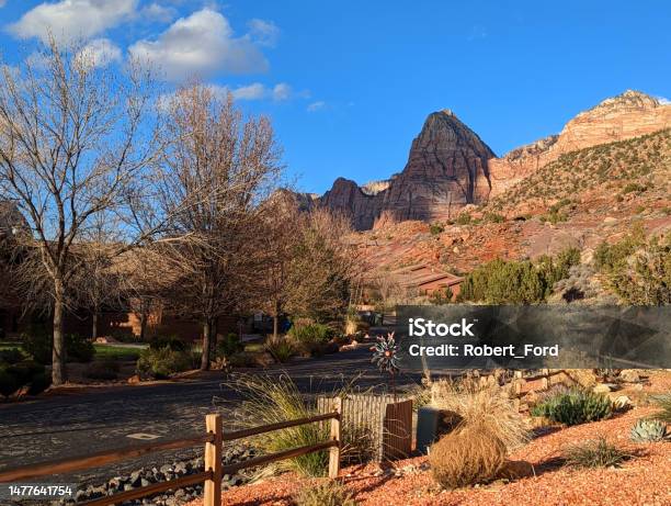 View Of Bridge Mountain From Springdale Utah Near Entrance To Zion National Park Stock Photo - Download Image Now