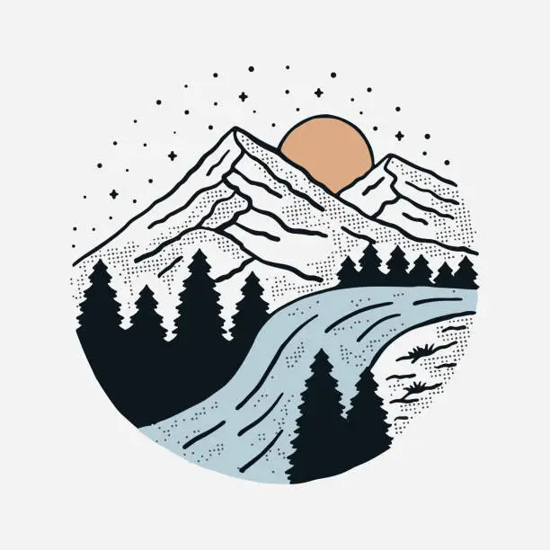 Vector illustration of The mountains and river. camping emblem graphics. Perfect for t-shirts, apparel and other merchandise