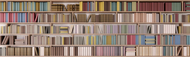 istock Bookshelves in the library with colorful books 3d render 1477643331