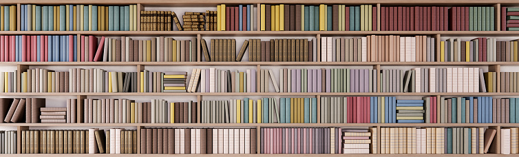 Bookshelves in the library with colorful books 3d render 3d illustration