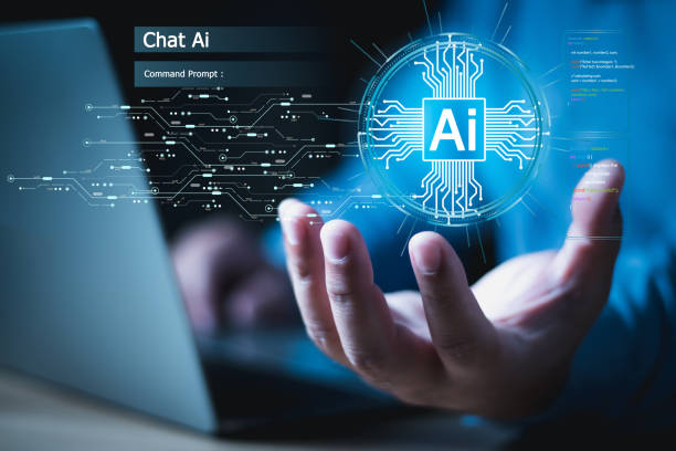 istock Businessman show virtual graphic Global Internet connect Chat Ai Chat with AI, Artificial Intelligence. using command prompt for generates something, Futuristic technology transformation. Ai tech 1477644847