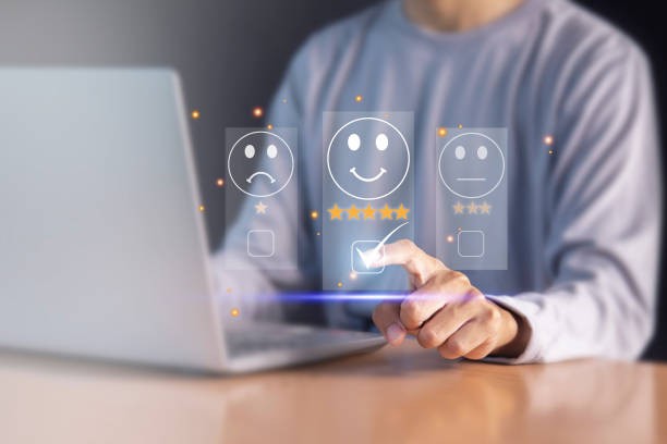 istock Customers rate service provider satisfaction through an application, service experience in an online application evaluates the quality of service. 1477647129